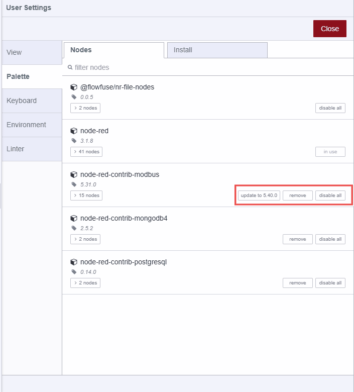 Node-RED Palette manger node's options
