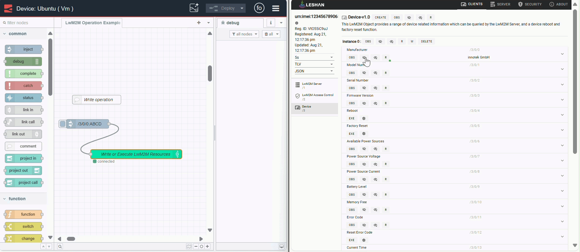 Image showing Node-RED flow that writing data to LwM2M Server "Image showing Node-RED flow that writing data to LwM2M Server"